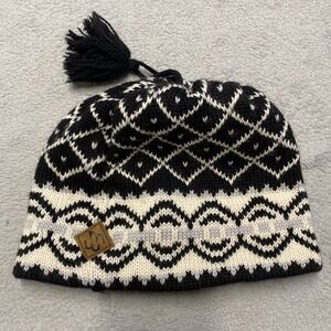 Merkley Headgear Wool Beanie Knit Black White Ski Outdoors Tassel Made In Canada
